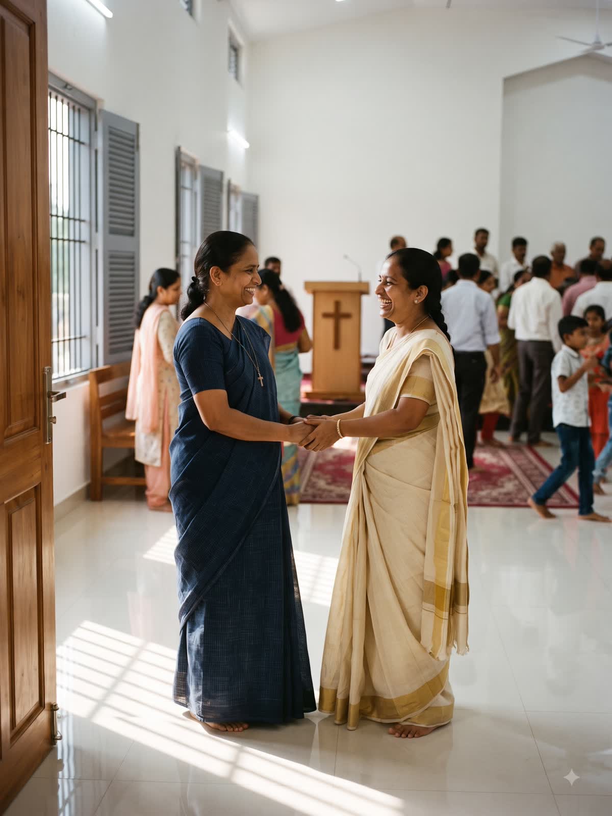 Believers greeting one another after the Sunday service