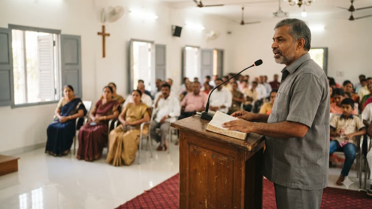 Preacher opening the Bible at the pulpit during the Sunday service