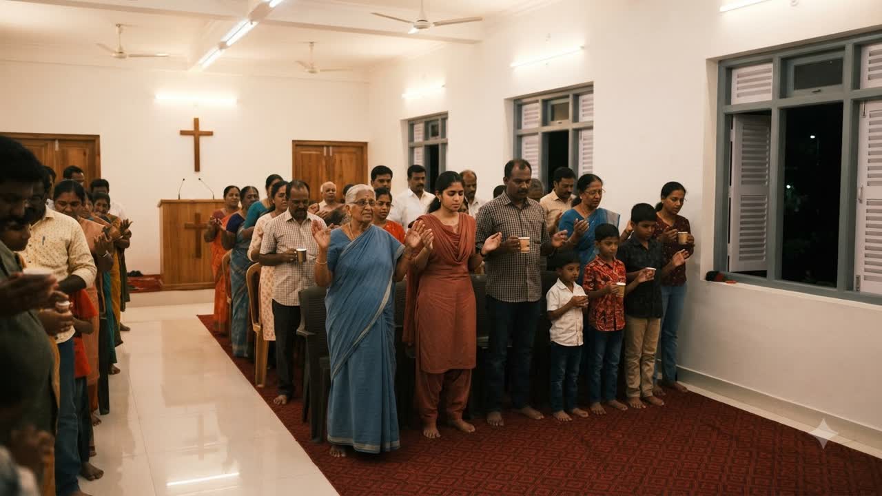 Evening prayer meeting with hands lifted in worship