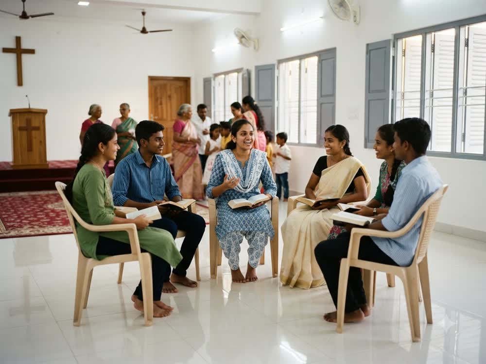 Young people in a circle studying the Bible together