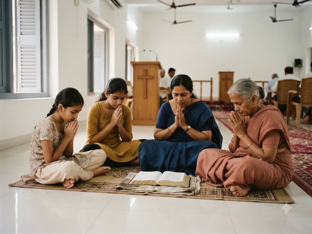 Women praying together in a home fellowship