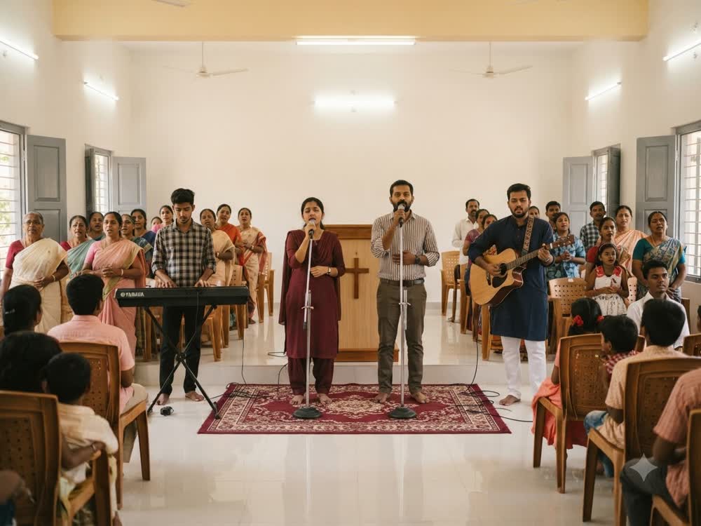 Worship team leading singing with keyboard and guitar