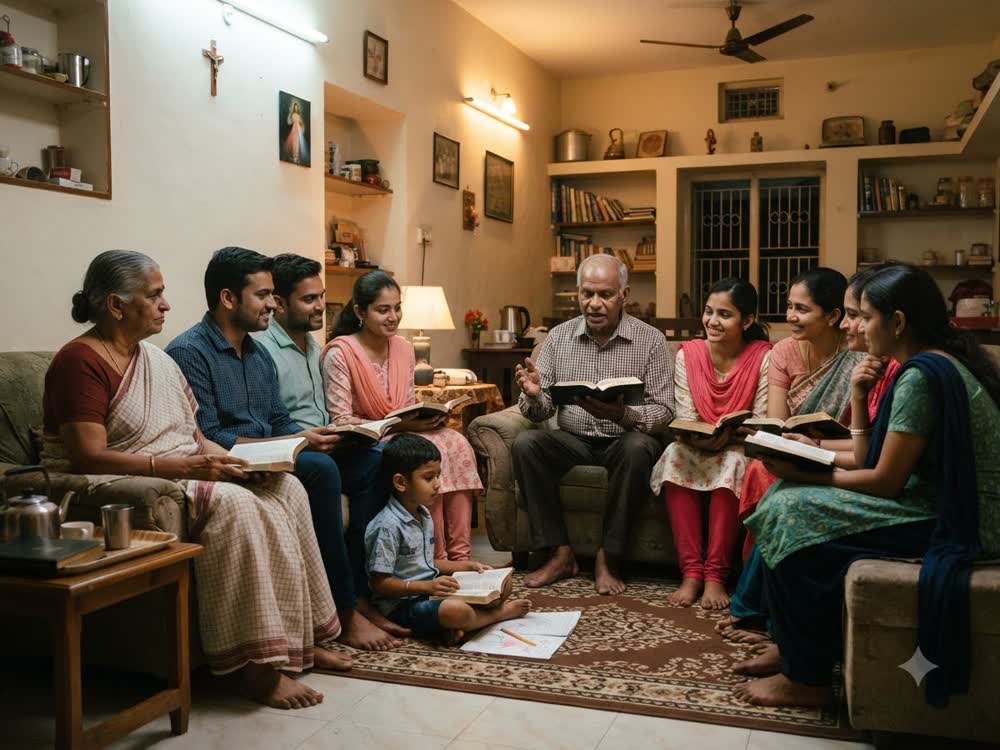 A family hosting a home fellowship meeting in their living room
