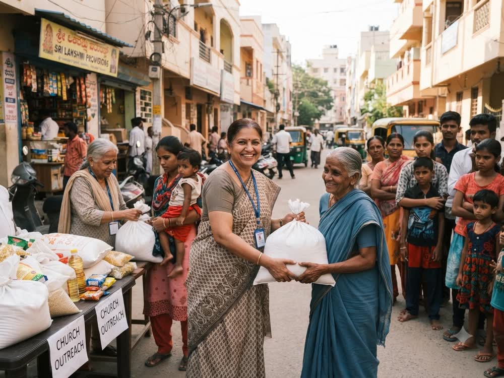 Volunteers distributing food and relief supplies in the neighbourhood