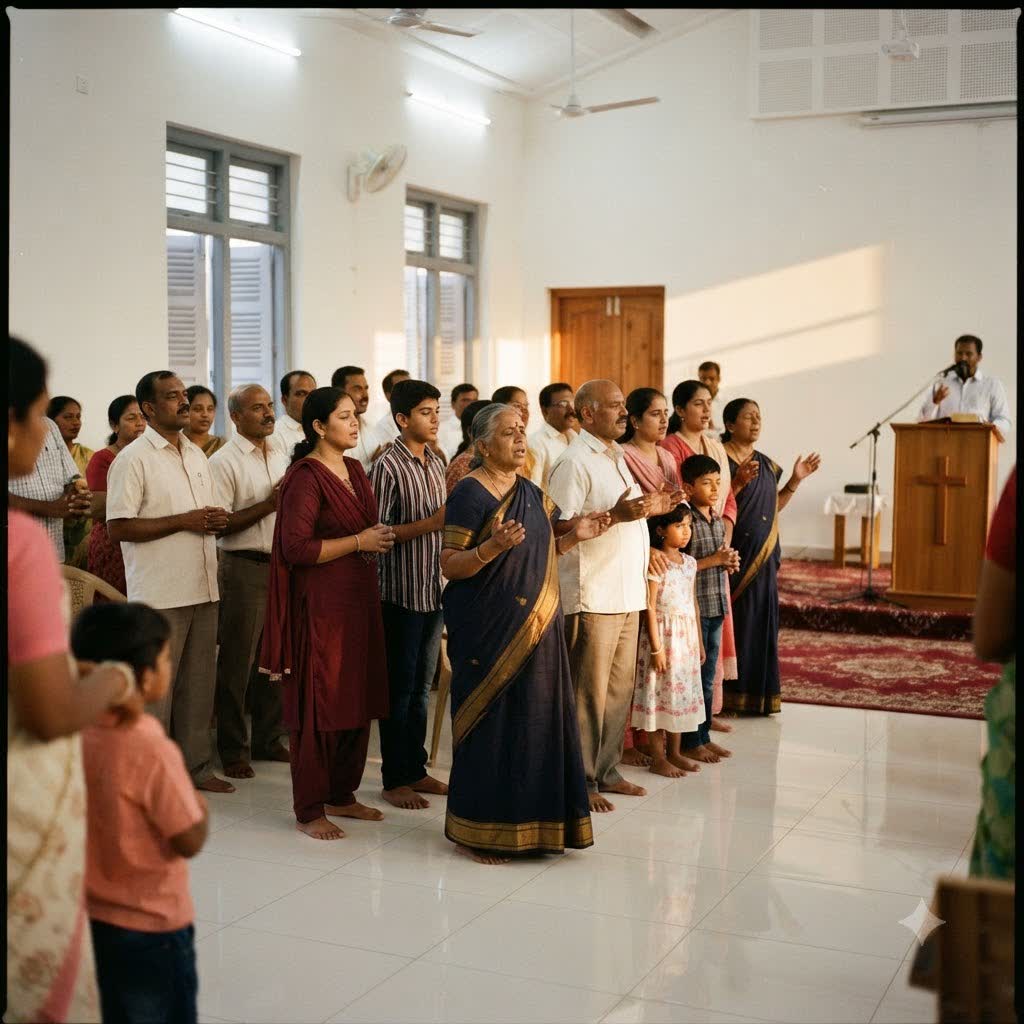 Wide view of the congregation gathered in worship on a Sunday morning