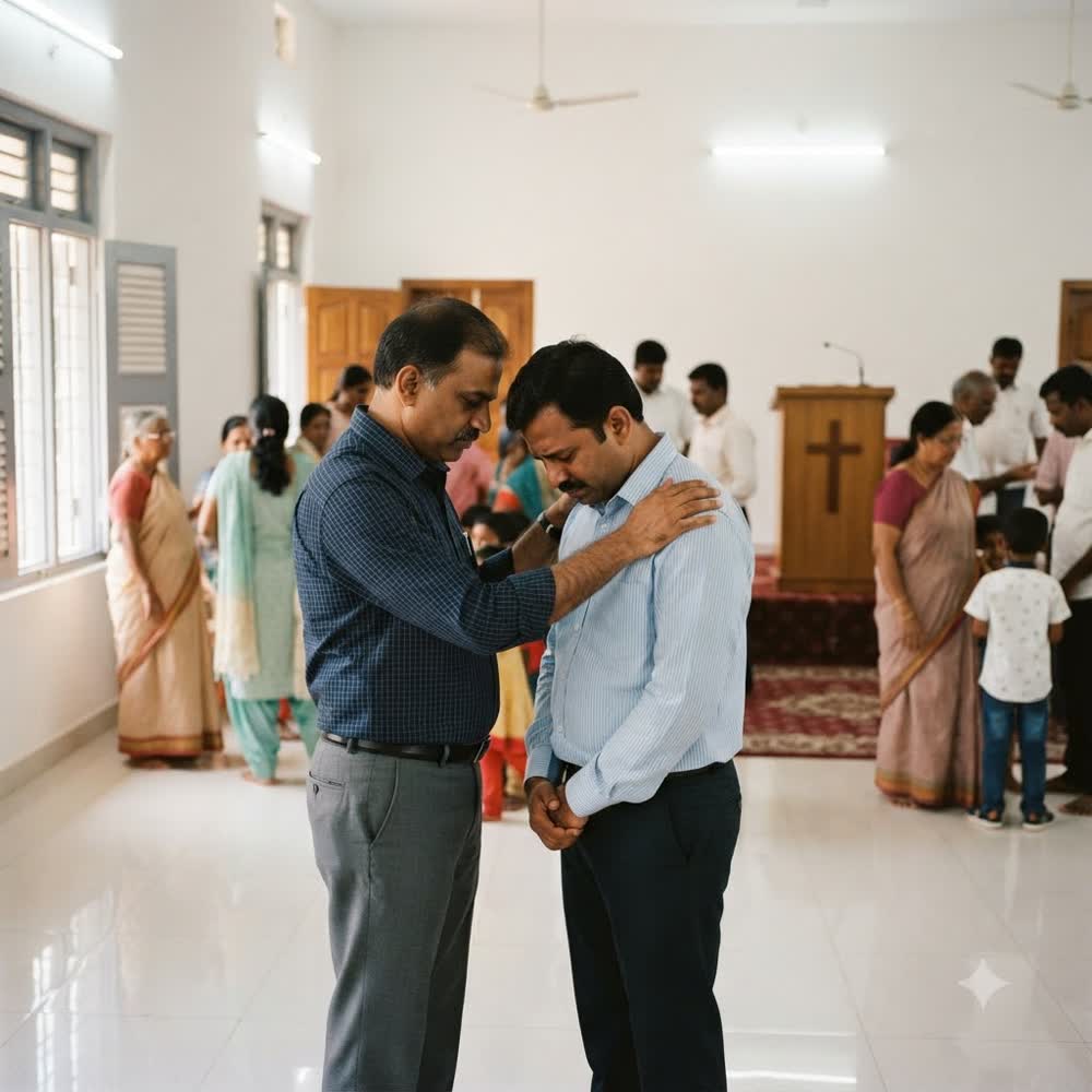 Two believers praying together after the service