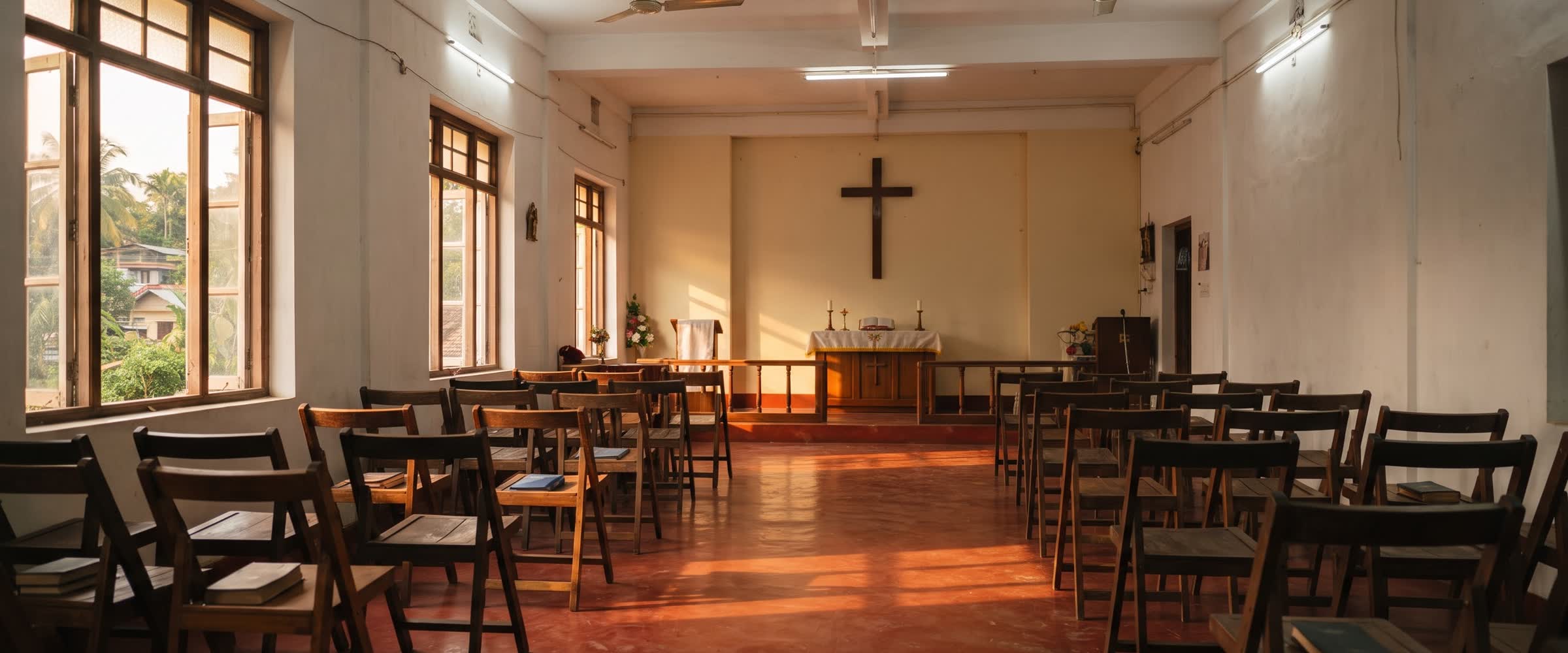 Wide interior view of the church hall at golden hour