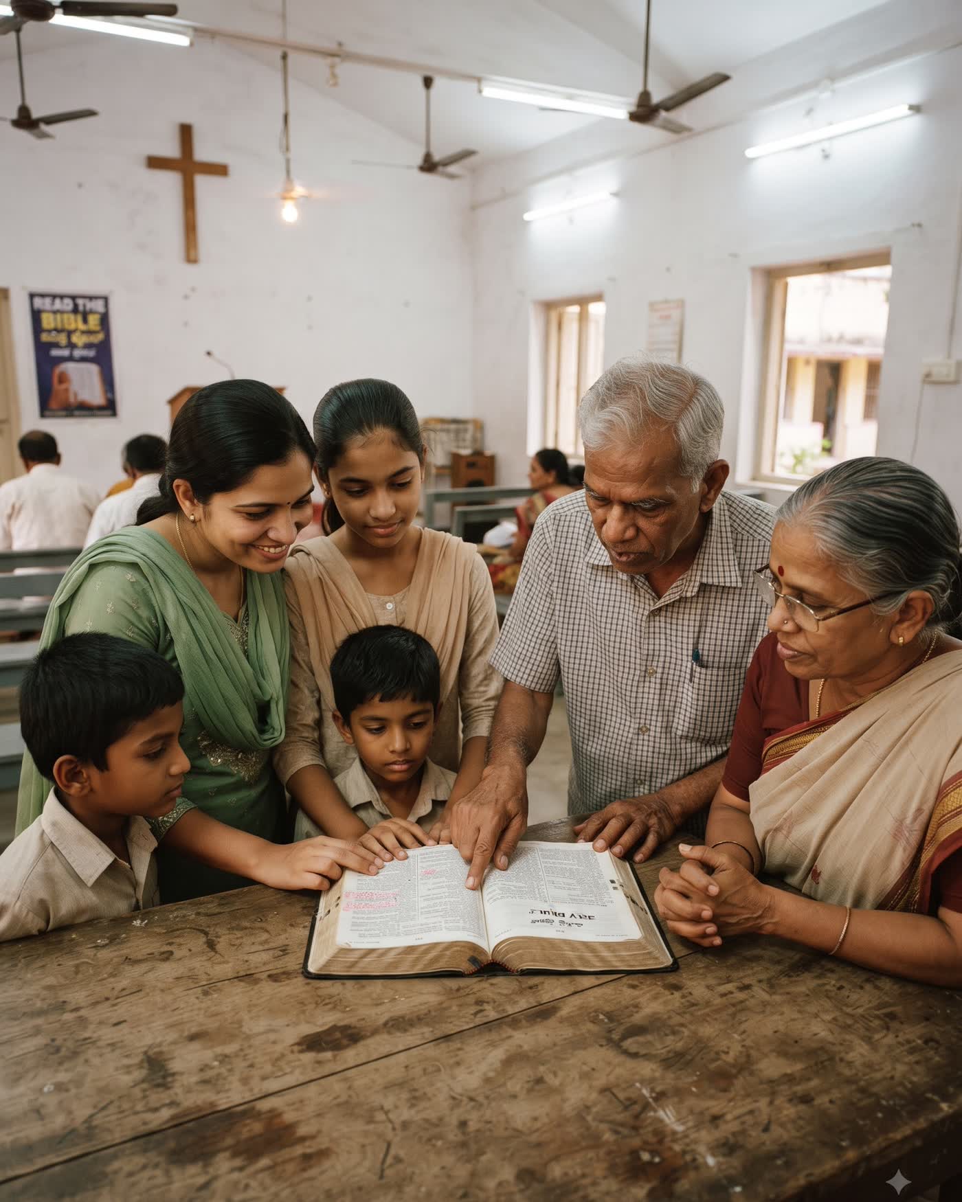 Believers gathered around an open Bible in a home fellowship meeting