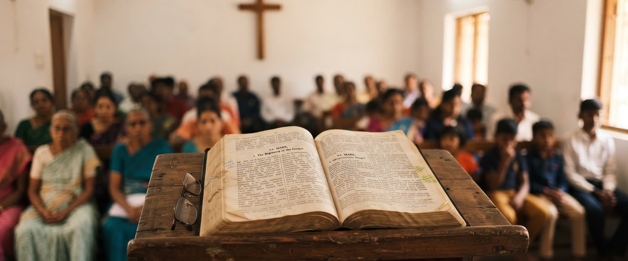Open Bible on the pulpit with the congregation in soft focus behind