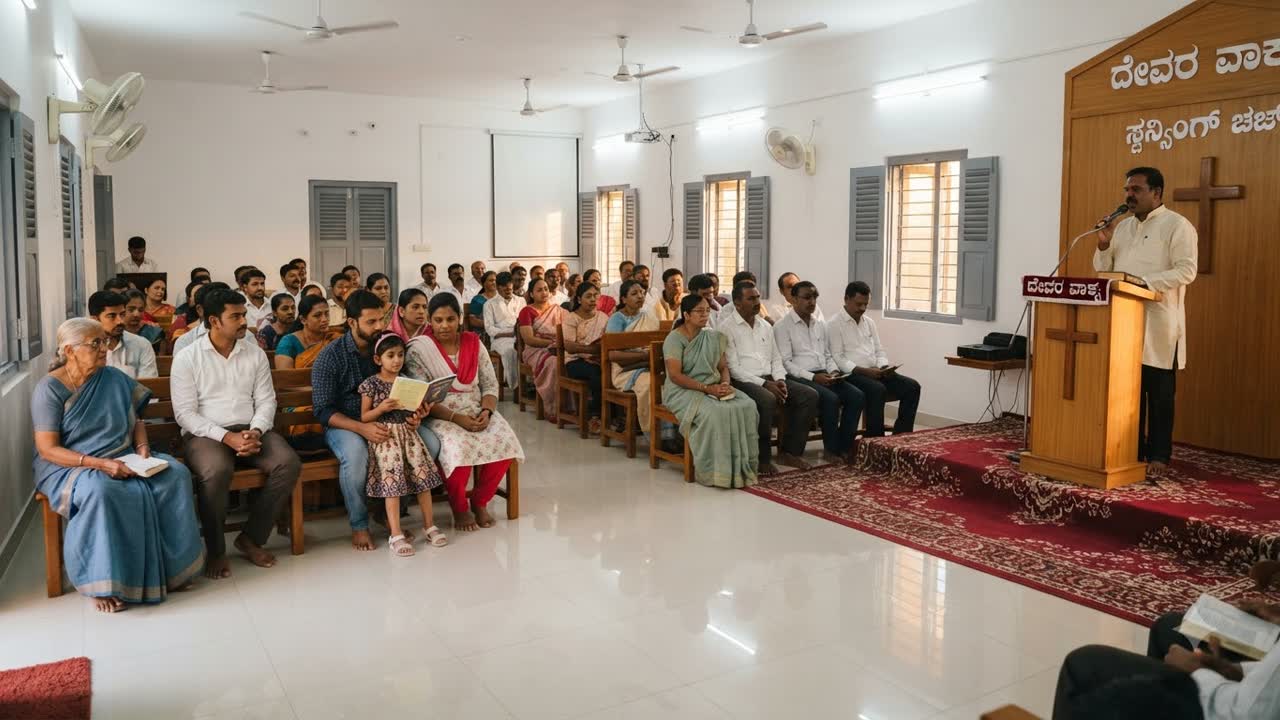 Kannada service in progress with the congregation listening