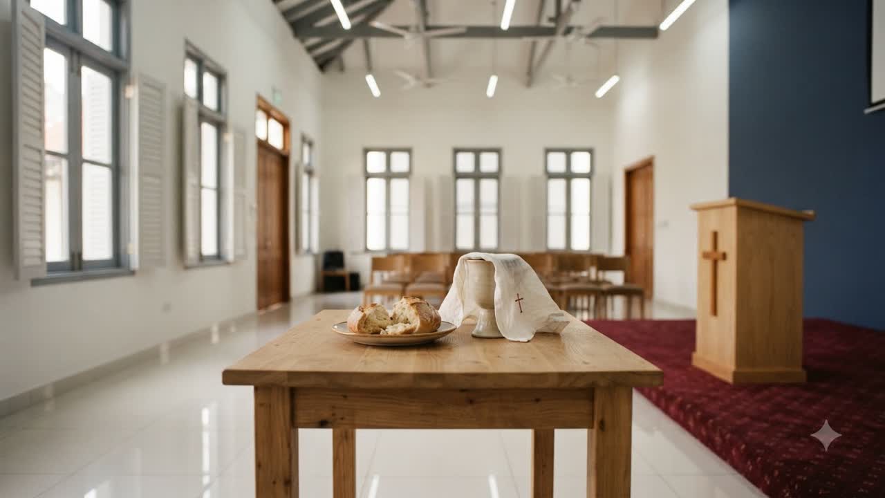 Communion table prepared with bread and cup