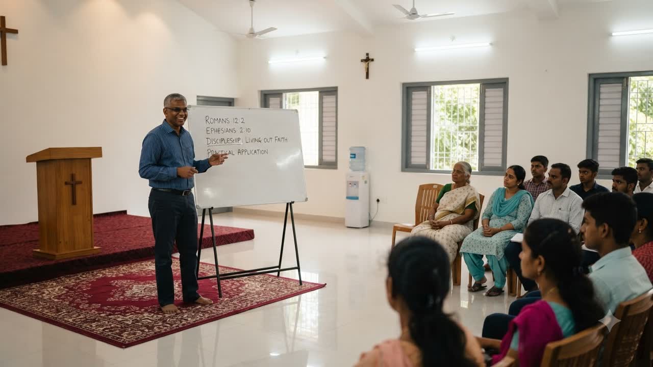 Teaching session with a whiteboard of Bible references