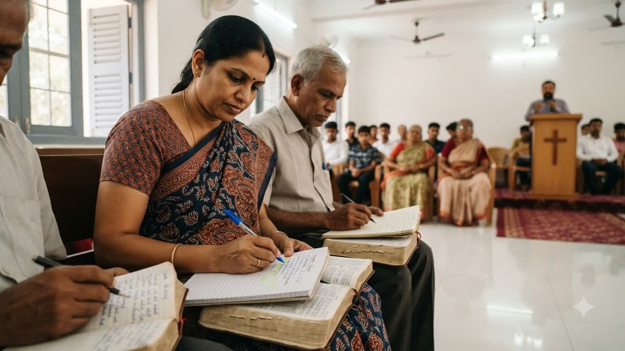 Believers taking notes during the ministry of the Word