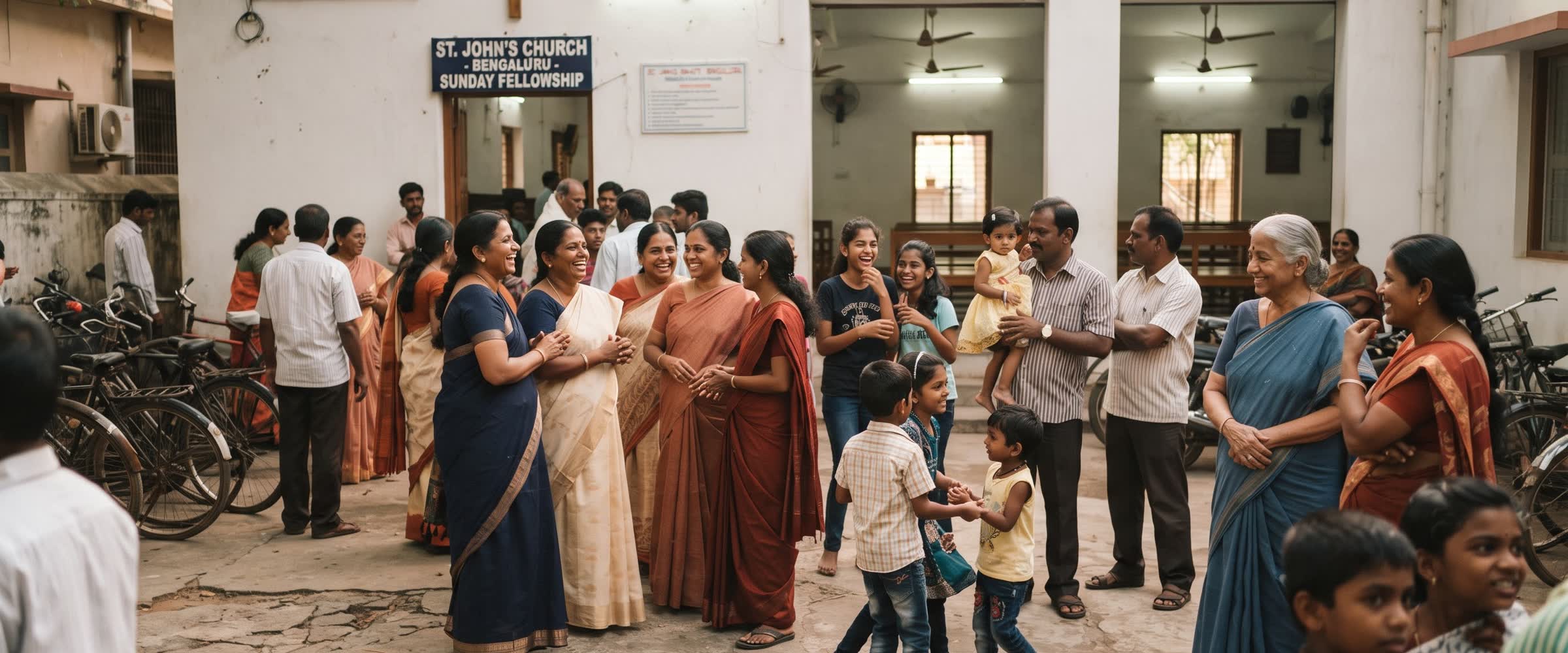Believers of all ages talking together after the Sunday service
