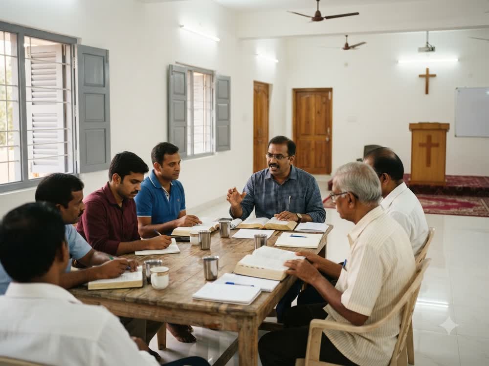 Men studying the Bible together early in the morning