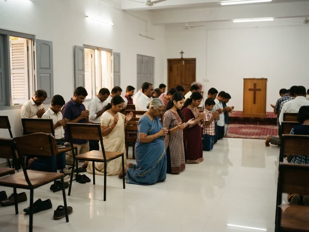 Believers kneeling in prayer during the midweek meeting