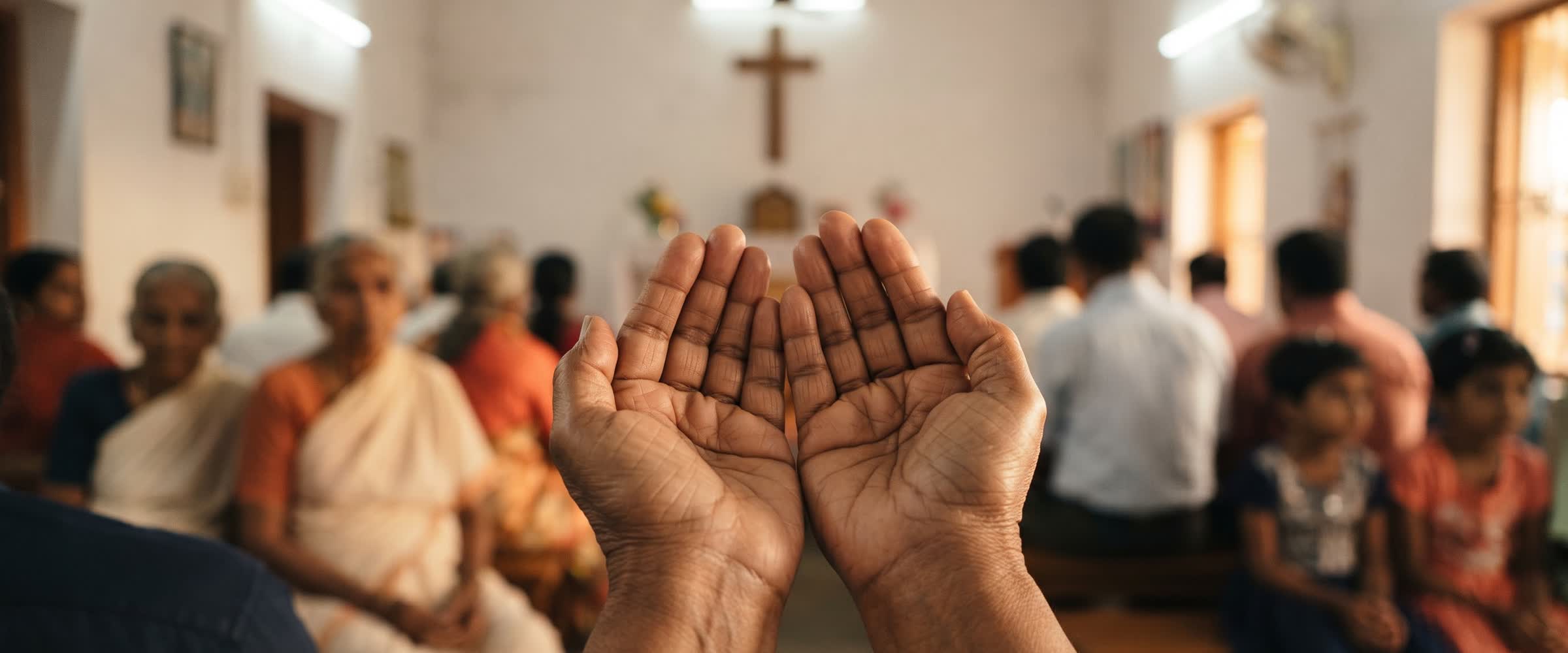 Open hands held out in an attitude of offering during a service