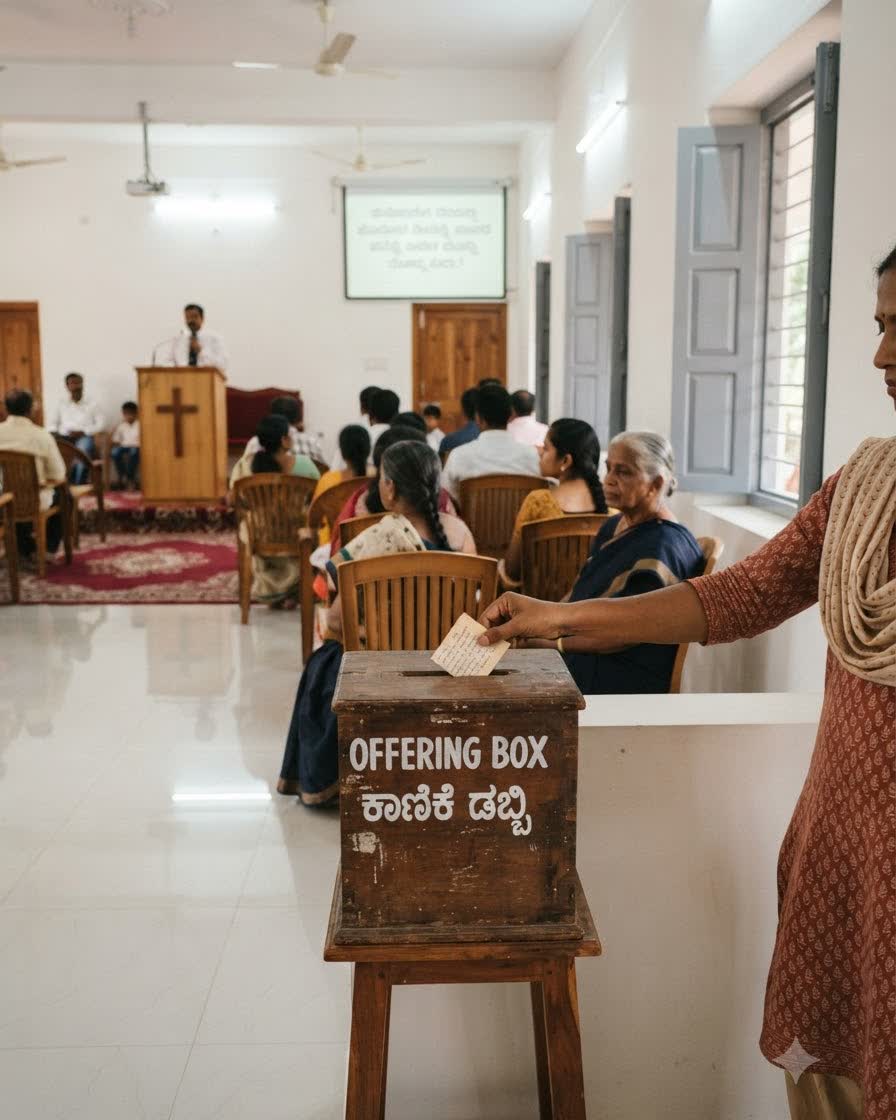 A believer quietly placing an offering in the box at the back of the hall