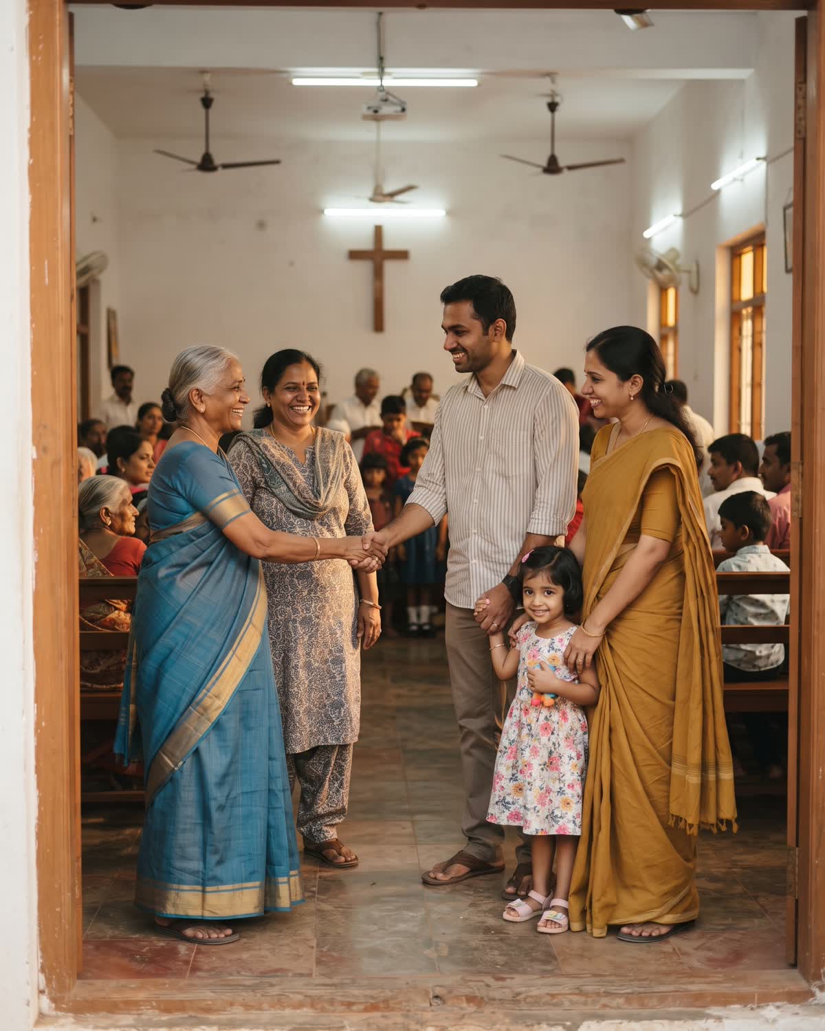 Two greeters welcoming a young family at the entrance of the church hall